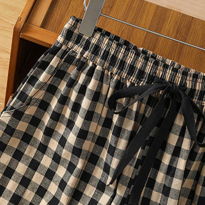 Buddha Stones damskie z szerokimi nogawkami i kieszeniami, z szerokimi nogawkami i bawełnianymi przeszyciami w kratkę, w rozmiarze 7-8 - image 7