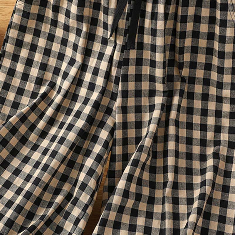 Buddha Stones damskie z szerokimi nogawkami i kieszeniami, z szerokimi nogawkami i bawełnianymi przeszyciami w kratkę, w rozmiarze 7-8 - image 4