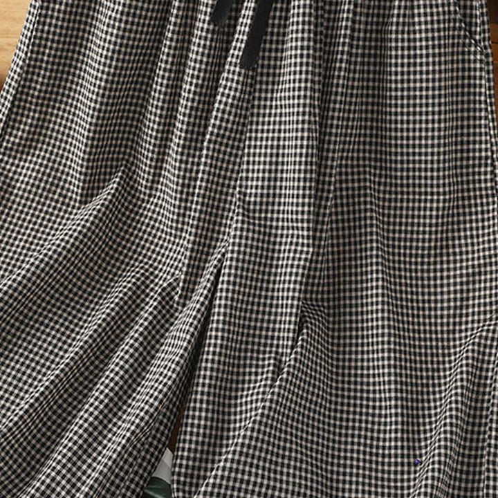 Buddha Stones damskie z szerokimi nogawkami i kieszeniami, z szerokimi nogawkami i bawełnianymi przeszyciami w kratkę, w rozmiarze 7-8 - image 11