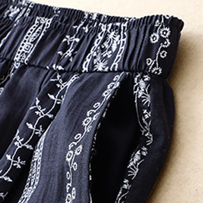 Spodnie damskie z szerokimi nogawkami i kieszeniami, z nadrukiem pionowym, z bawełny i lnu, z Buddha Stones - image 1