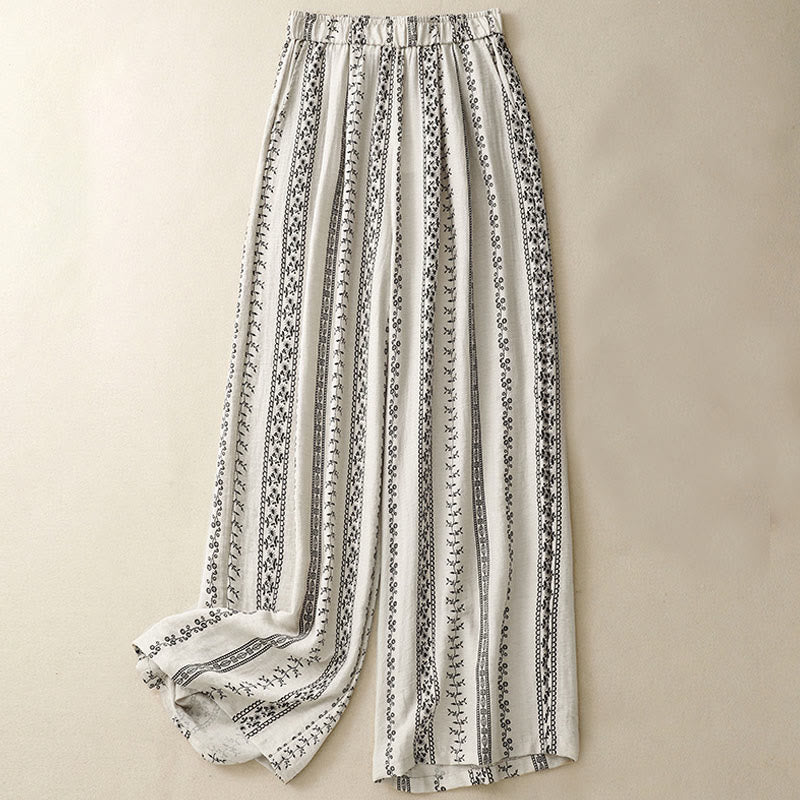 Spodnie damskie z szerokimi nogawkami i kieszeniami, z nadrukiem pionowym, z bawełny i lnu, z Buddha Stones - Beżowy - US8-10，UK/AU12-14，EU40-42 (2XL) - image 5