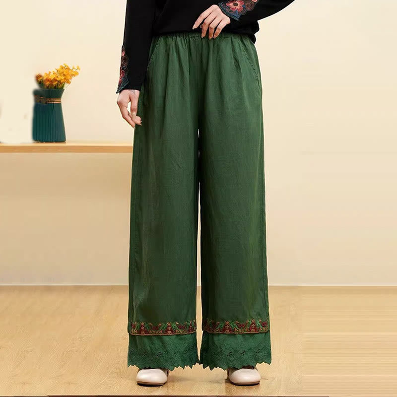 Spodnie damskie z szerokimi nogawkami i kieszeniami, z haftowaną koronką i bawełną lnianą, z Buddha Stones - Zielony - US14, UK/AU18, EU46 (4XL) - image 4