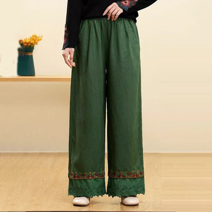 Spodnie damskie z szerokimi nogawkami i kieszeniami, z haftowaną koronką i bawełną lnianą, z Buddha Stones - Zielony - US14, UK/AU18, EU46 (4XL) - image 4