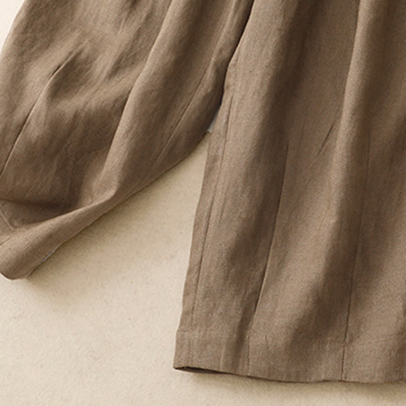 Letnie, gładkie, damskie spodnie haremowe z bawełny i lnu z kieszeniami w kolorze "Buddha Stones" - image 3