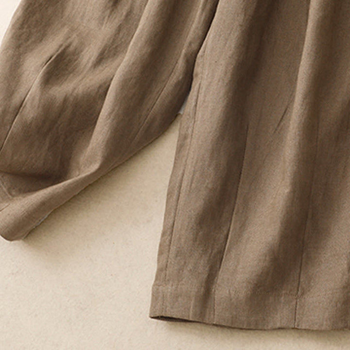 Letnie, gładkie, damskie spodnie haremowe z bawełny i lnu z kieszeniami w kolorze "Buddha Stones" - image 3