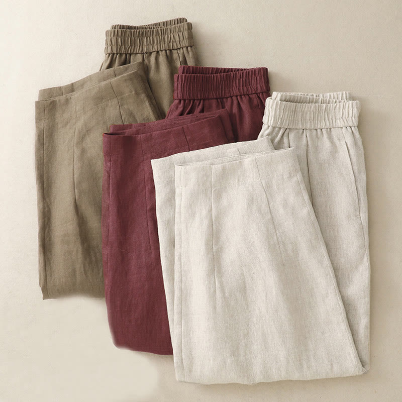 Letnie, gładkie, damskie spodnie haremowe z bawełny i lnu z kieszeniami w kolorze "Buddha Stones" - image 20