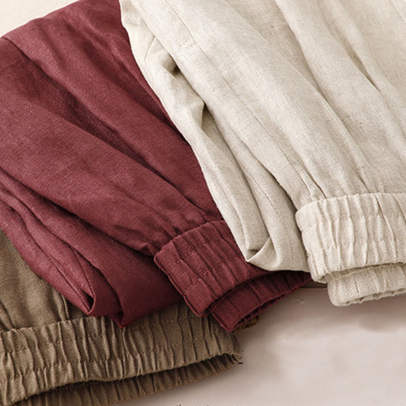 Letnie, gładkie, damskie spodnie haremowe z bawełny i lnu z kieszeniami w kolorze "Buddha Stones" - image 19