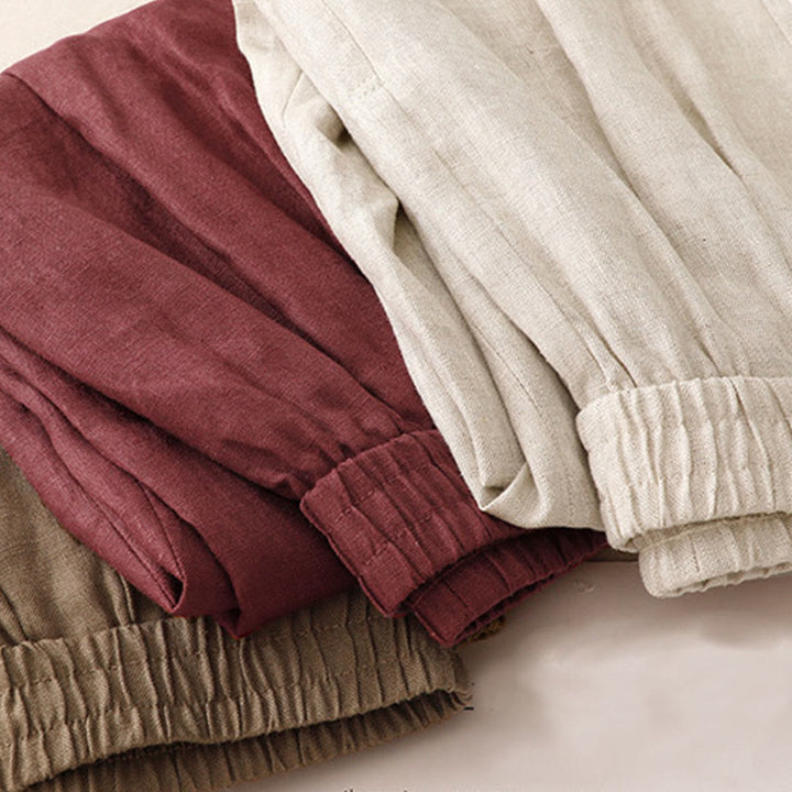 Letnie, gładkie, damskie spodnie haremowe z bawełny i lnu z kieszeniami w kolorze "Buddha Stones" - image 19