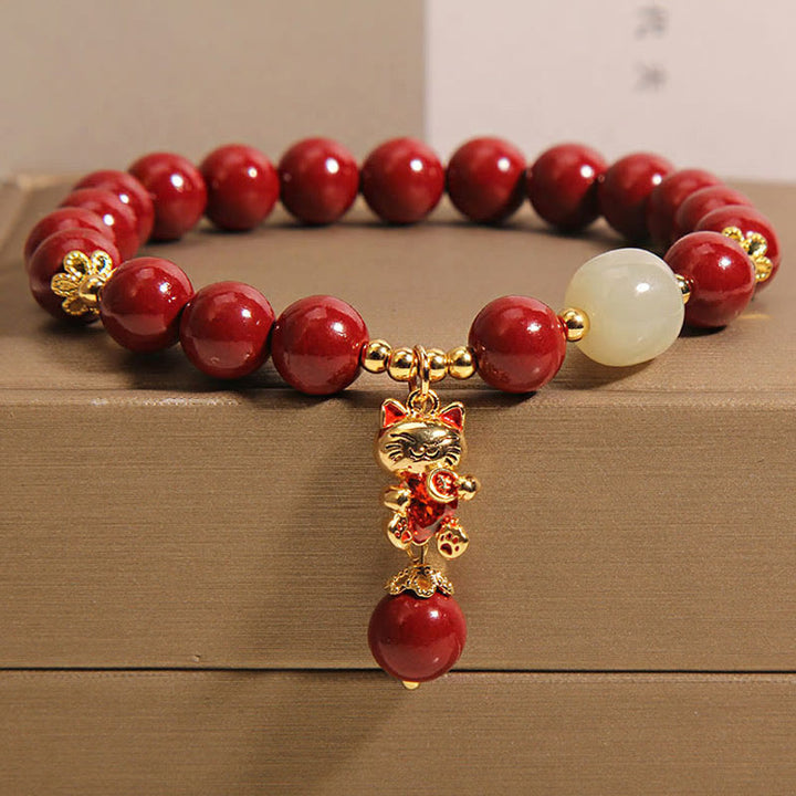 Naturalny wisiorek z Buddha Stones i szczęśliwym kotem w kształcie cynobru, bransoletka z błogosławieństwem - Cynober (obwód nadgarstka: 16-18 cm) - image 1