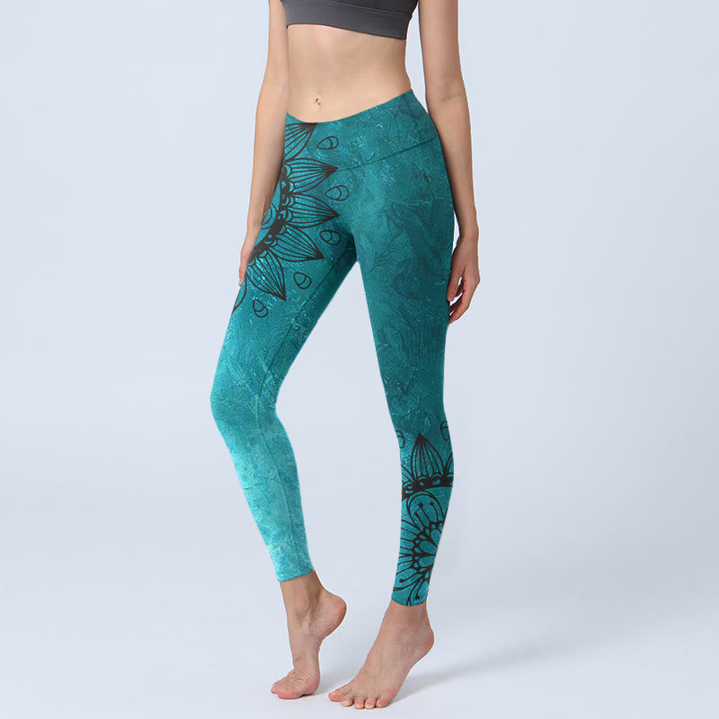 Legginsy do jogi damskie z nadrukiem w zielone słoneczniki i kwiaty Buddha Stones - CadetBlue - US18, UK/AU22, EU50 (4XL) - image 1