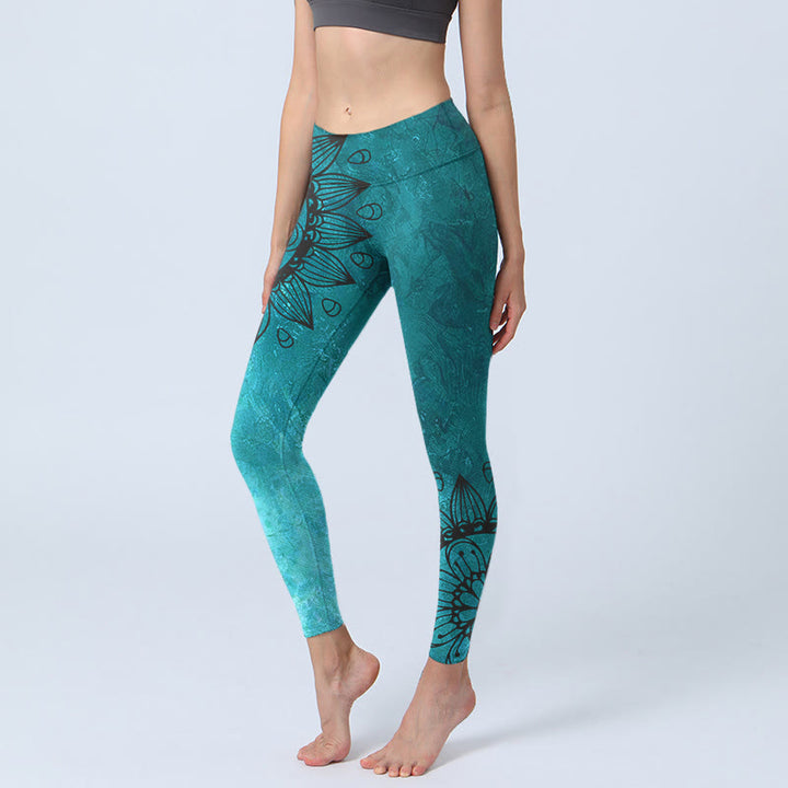 Legginsy do jogi damskie z nadrukiem w zielone słoneczniki i kwiaty Buddha Stones - CadetBlue - US18, UK/AU22, EU50 (4XL) - image 1