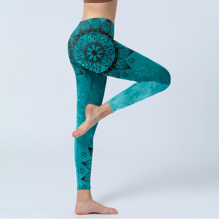 Legginsy do jogi damskie z nadrukiem w zielone słoneczniki i kwiaty Buddha Stones - image 4