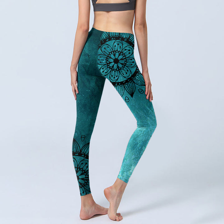 Legginsy do jogi damskie z nadrukiem w zielone słoneczniki i kwiaty Buddha Stones - image 5