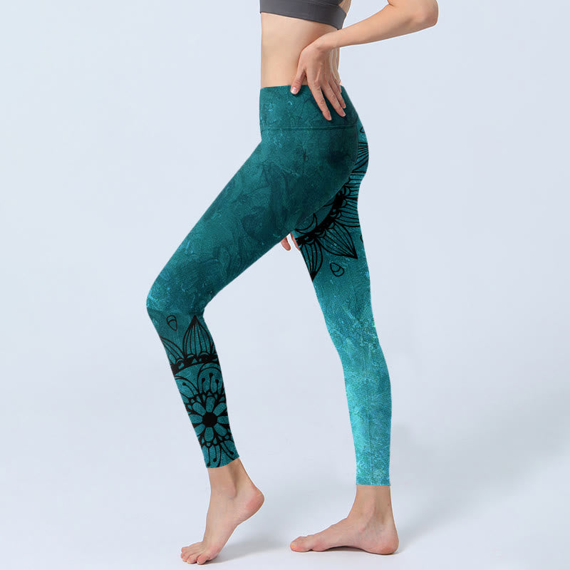 Legginsy do jogi damskie z nadrukiem w zielone słoneczniki i kwiaty Buddha Stones - image 3