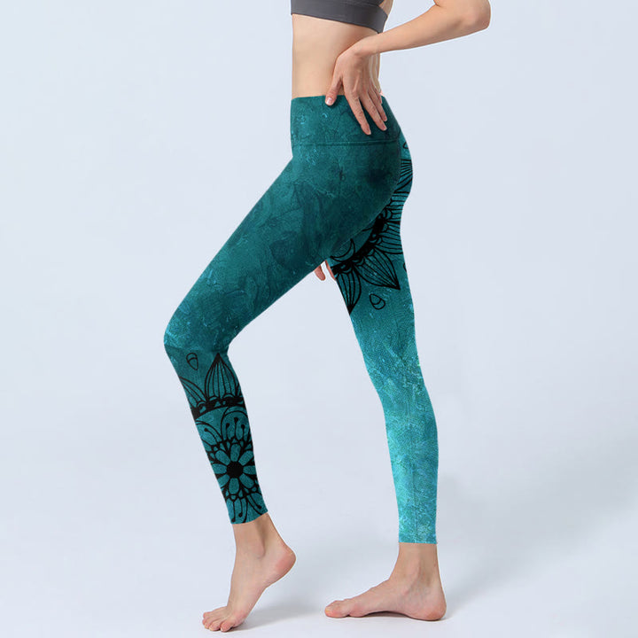 Legginsy do jogi damskie z nadrukiem w zielone słoneczniki i kwiaty Buddha Stones - image 3