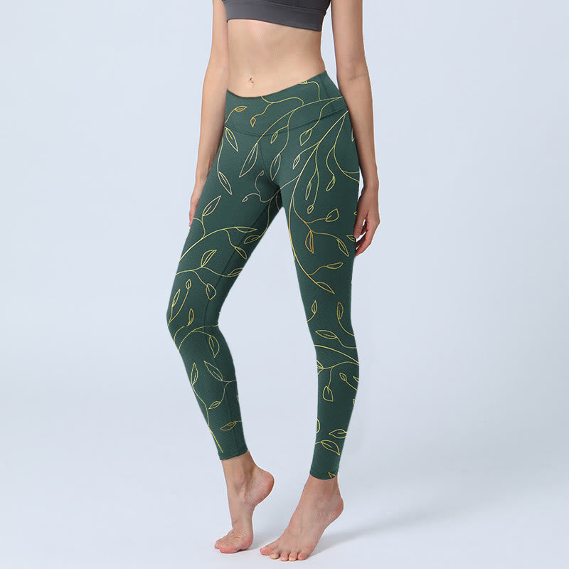 Legginsy do jogi damskie z nadrukiem "Buddha Stones" w zielone złote liście i gałęzie - SeaGreen - US18, UK/AU22, EU50 (4XL) - image 0