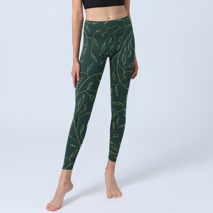 Legginsy do jogi damskie z nadrukiem "Buddha Stones" w zielone złote liście i gałęzie - image 5