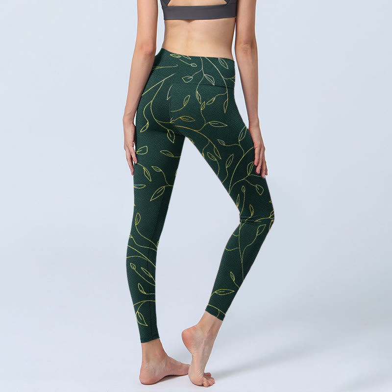 Legginsy do jogi damskie z nadrukiem "Buddha Stones" w zielone złote liście i gałęzie - image 5