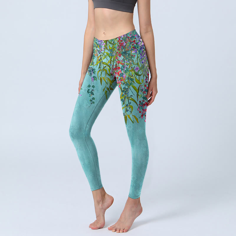 Legginsy do jogi damskie z nadrukiem w kwiaty i zielone liście wierzby z motywem Buddha Stones - Średnioturkusowy - US18, UK/AU22, EU50 (4XL) - image 1