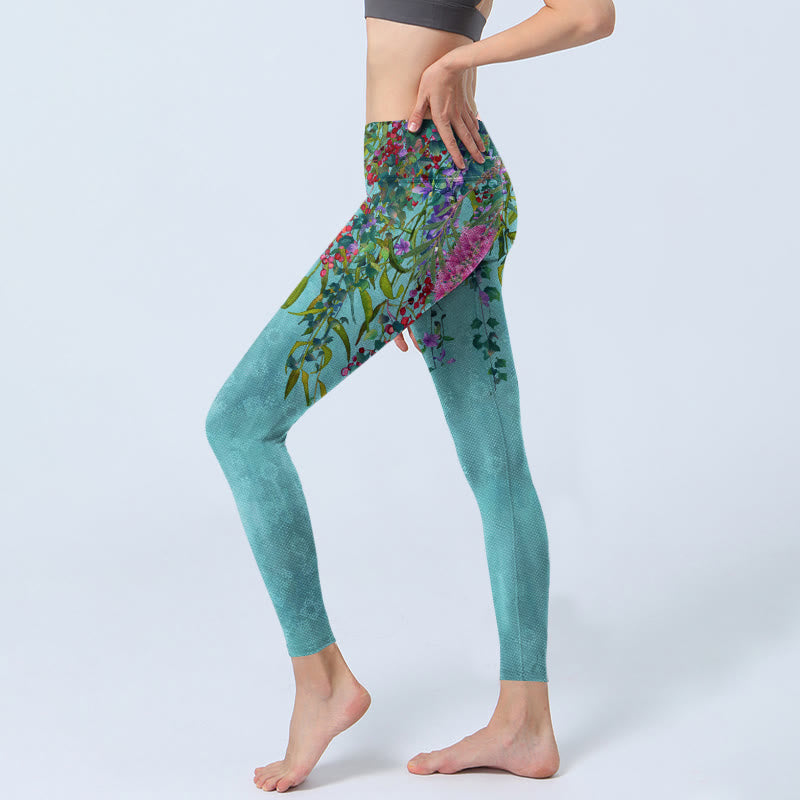 Legginsy do jogi damskie z nadrukiem w kwiaty i zielone liście wierzby z motywem Buddha Stones - image 3