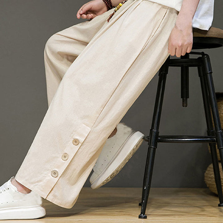 Buddha Stones z prostymi nogawkami i kieszeniami, z guzikami z lnu w jednolitym kolorze i ściągaczem - image 7