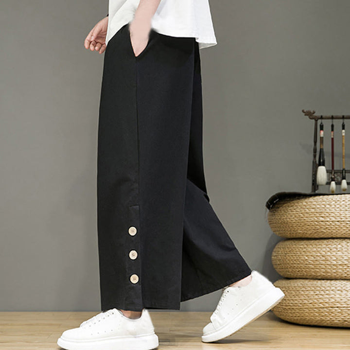 Buddha Stones z prostymi nogawkami i kieszeniami, z guzikami z lnu w jednolitym kolorze i ściągaczem - image 9