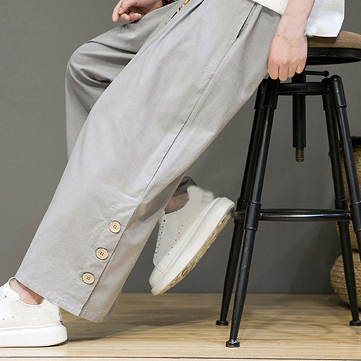 Buddha Stones z prostymi nogawkami i kieszeniami, z guzikami z lnu w jednolitym kolorze i ściągaczem - image 25