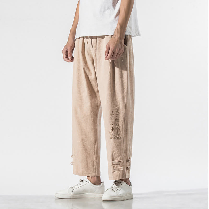 Męskie spodnie bawełniane lniane z kieszeniami, Buddha Stones, letnie, haftowane chińskie znaki - Pszenica - US/UK/AU46， EU56 (5XL) - image 9