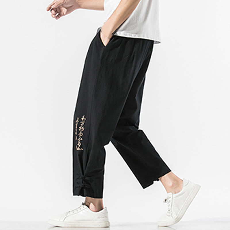 Męskie spodnie bawełniane lniane z kieszeniami, Buddha Stones, letnie, haftowane chińskie znaki - image 5