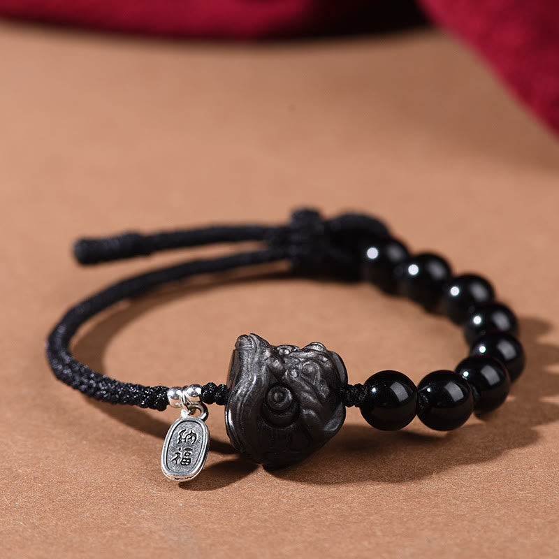 Bransoletka Buddha Stones z czarnego obsydianu i srebrnego połysku z obsydianu z uroczym kotem i tańczącym lwem - Tańczący Lew (obwód nadgarstka 14-16 cm) - image 7