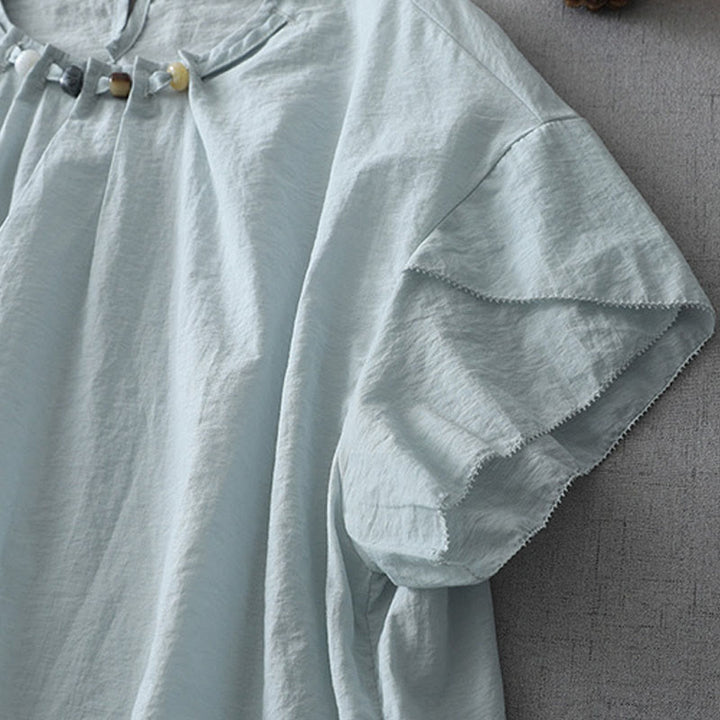 Koszula damska z krótkim rękawem i okrągłym dekoltem z koralikami i Buddha Stones - image 4