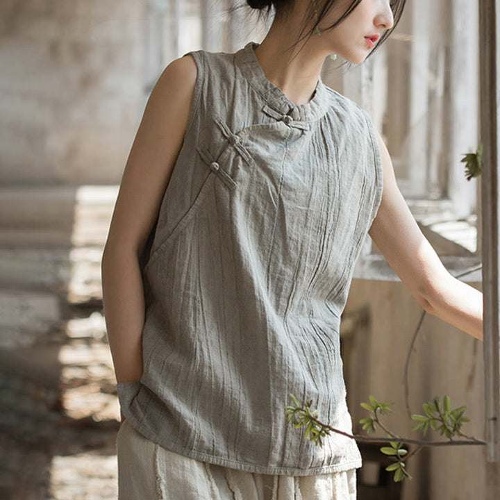 Buddha Stones Letnia kamizelka damska z bawełny ramii bez rękawów z nadrukiem tie-dye i guzikami żaby - Jasnoszary - US4, UK/AU8, EU36 (F) - image 20