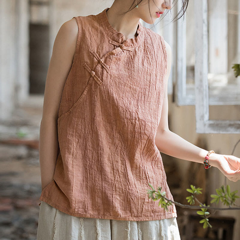 Buddha Stones Letnia kamizelka damska z bawełny ramii bez rękawów z nadrukiem tie-dye i guzikami żaby - PeachPuff - US4, UK/AU8, EU36 (F) - image 1