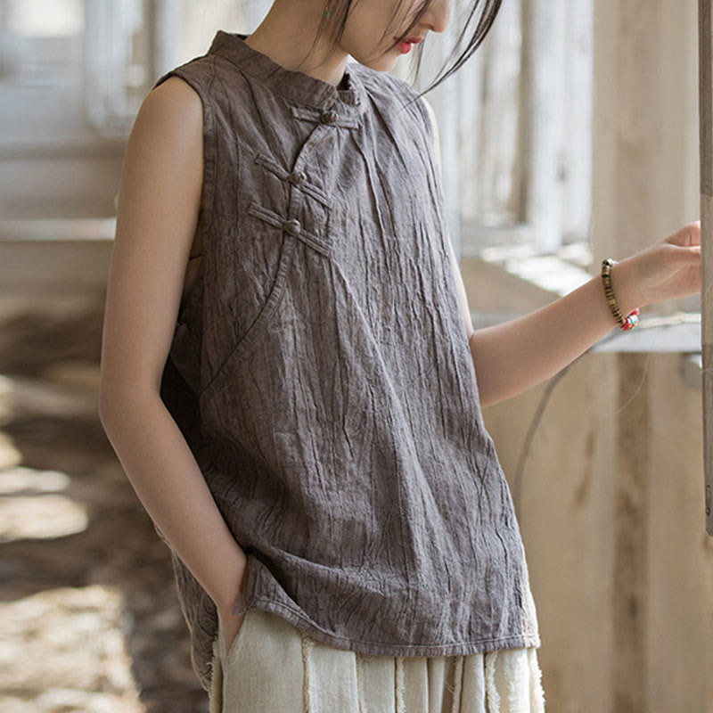 Buddha Stones Letnia kamizelka damska z bawełny ramii bez rękawów z nadrukiem tie-dye i guzikami żaby - Dębnik - US4, UK/AU8, EU36 (F) - image 13