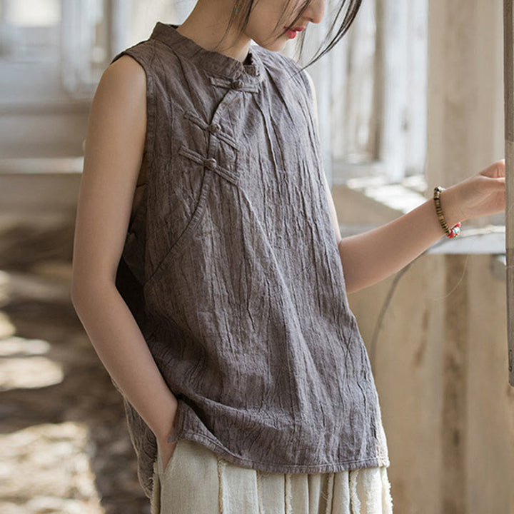 Buddha Stones Letnia kamizelka damska z bawełny ramii bez rękawów z nadrukiem tie-dye i guzikami żaby - Dębnik - US4, UK/AU8, EU36 (F) - image 13