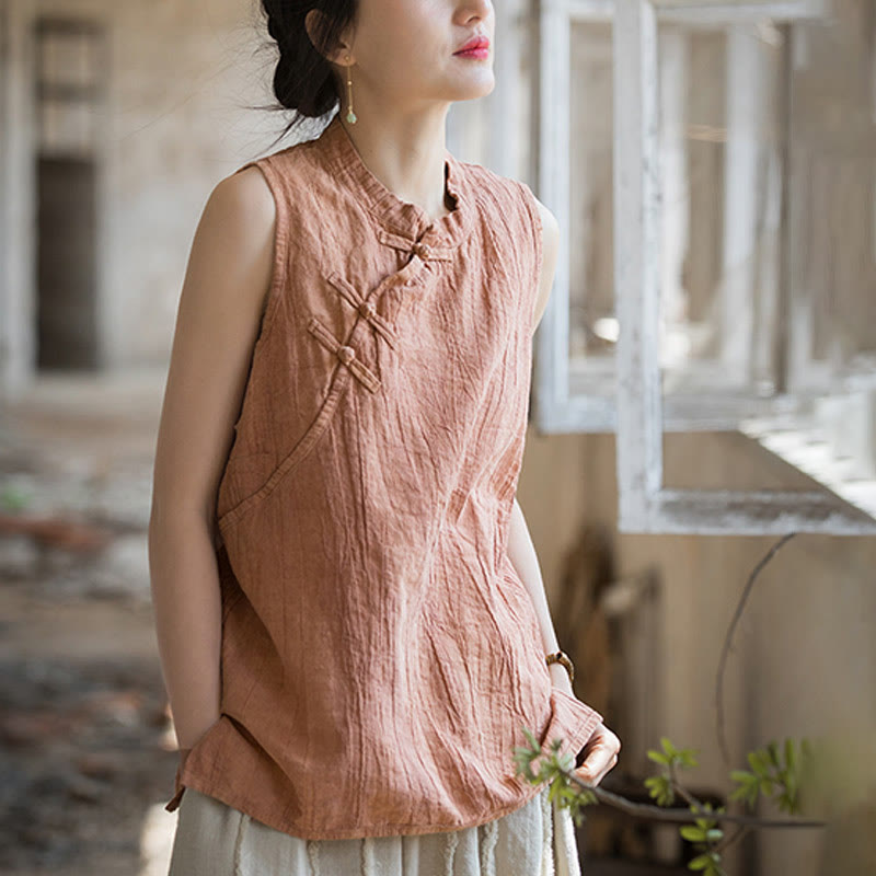 Buddha Stones Letnia kamizelka damska z bawełny ramii bez rękawów z nadrukiem tie-dye i guzikami żaby - image 3