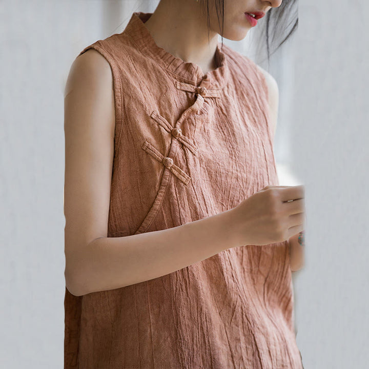 Buddha Stones Letnia kamizelka damska z bawełny ramii bez rękawów z nadrukiem tie-dye i guzikami żaby - image 5