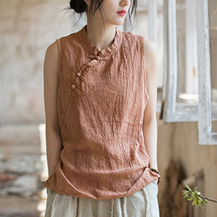 Buddha Stones Letnia kamizelka damska z bawełny ramii bez rękawów z nadrukiem tie-dye i guzikami żaby - image 11