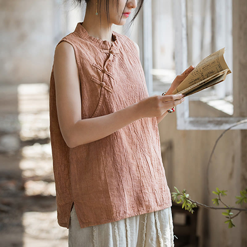 Buddha Stones Letnia kamizelka damska z bawełny ramii bez rękawów z nadrukiem tie-dye i guzikami żaby - image 4