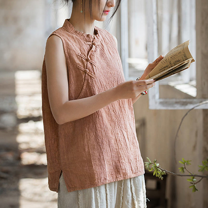 Buddha Stones Letnia kamizelka damska z bawełny ramii bez rękawów z nadrukiem tie-dye i guzikami żaby - image 4