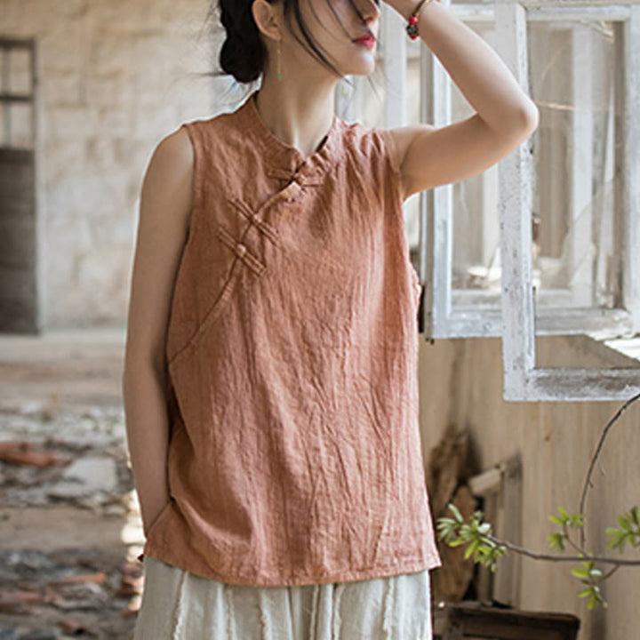 Buddha Stones Letnia kamizelka damska z bawełny ramii bez rękawów z nadrukiem tie-dye i guzikami żaby - image 9