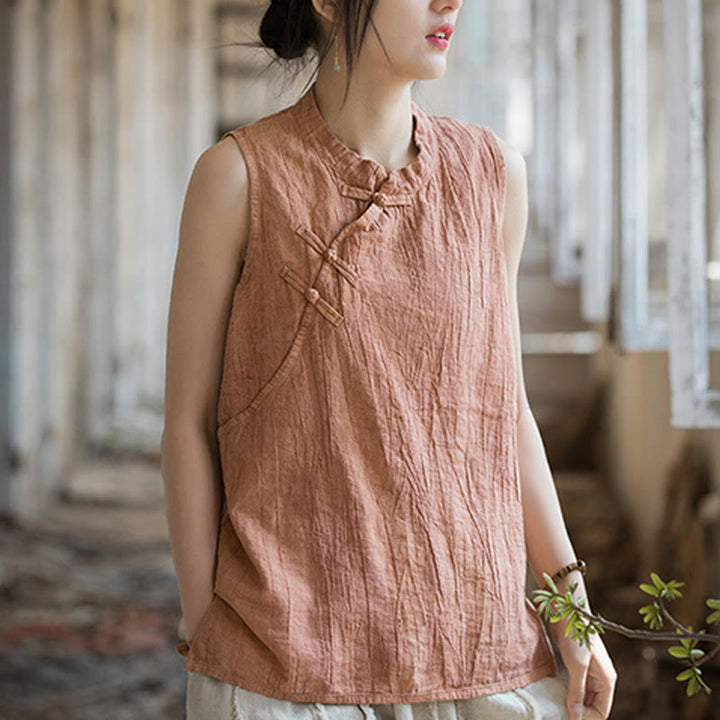 Buddha Stones Letnia kamizelka damska z bawełny ramii bez rękawów z nadrukiem tie-dye i guzikami żaby - image 6