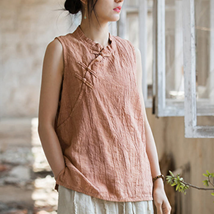 Buddha Stones Letnia kamizelka damska z bawełny ramii bez rękawów z nadrukiem tie-dye i guzikami żaby - image 7