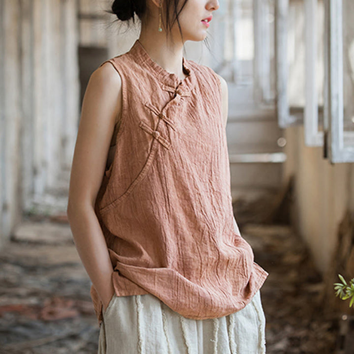 Buddha Stones Letnia kamizelka damska z bawełny ramii bez rękawów z nadrukiem tie-dye i guzikami żaby - image 8