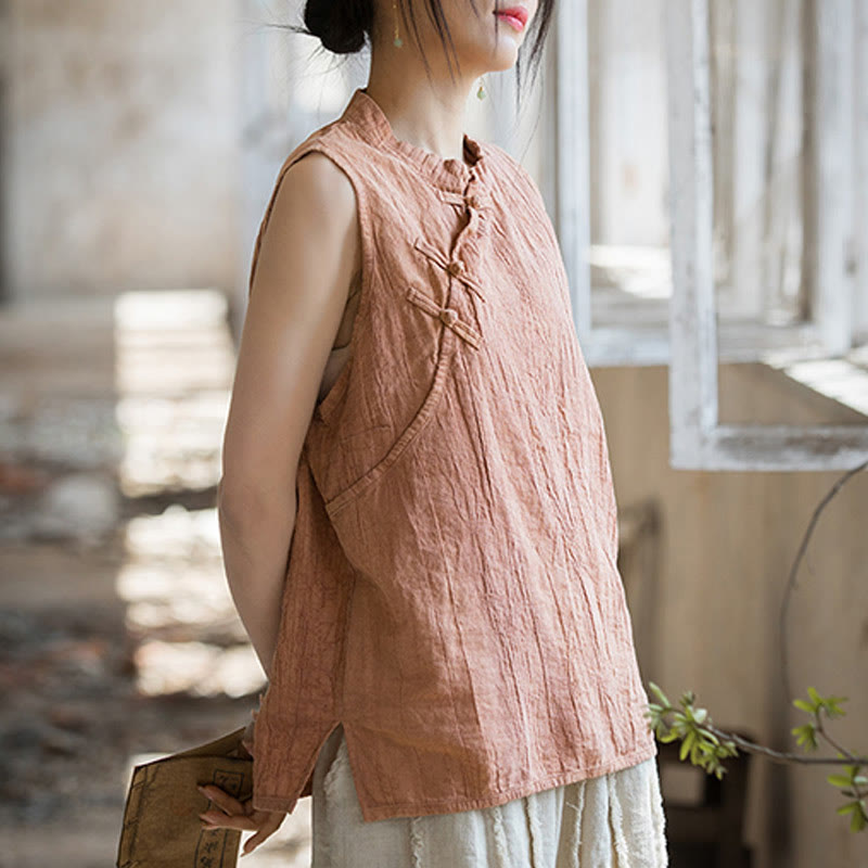 Buddha Stones Letnia kamizelka damska z bawełny ramii bez rękawów z nadrukiem tie-dye i guzikami żaby - image 2