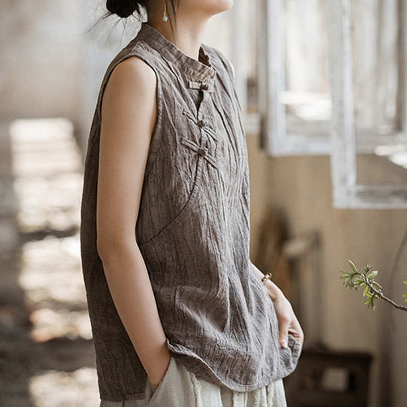 Buddha Stones Letnia kamizelka damska z bawełny ramii bez rękawów z nadrukiem tie-dye i guzikami żaby - image 15