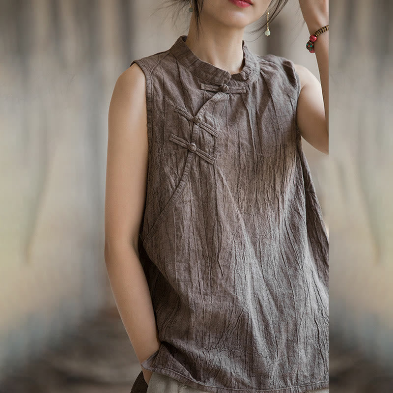 Buddha Stones Letnia kamizelka damska z bawełny ramii bez rękawów z nadrukiem tie-dye i guzikami żaby - image 17