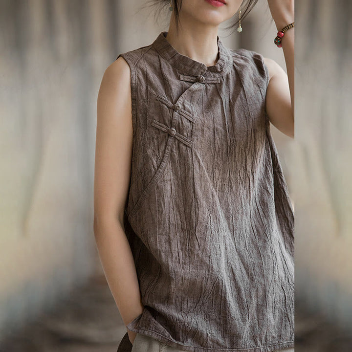 Buddha Stones Letnia kamizelka damska z bawełny ramii bez rękawów z nadrukiem tie-dye i guzikami żaby - image 17