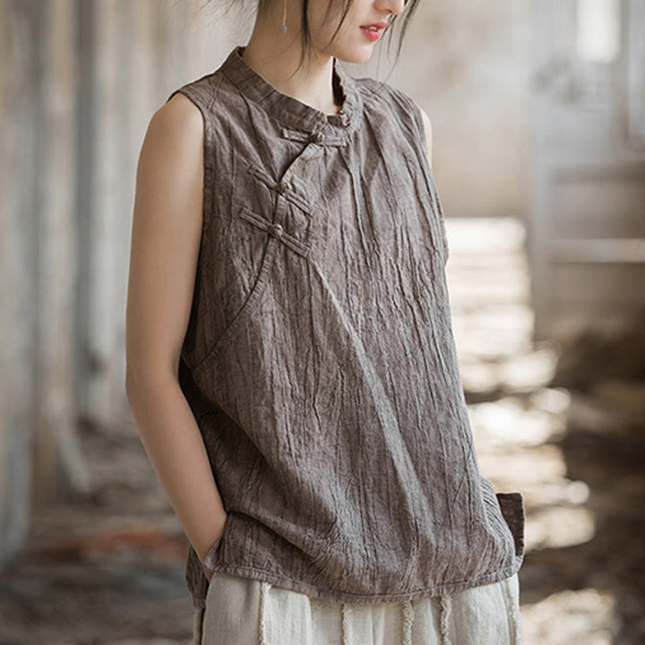 Buddha Stones Letnia kamizelka damska z bawełny ramii bez rękawów z nadrukiem tie-dye i guzikami żaby - image 16