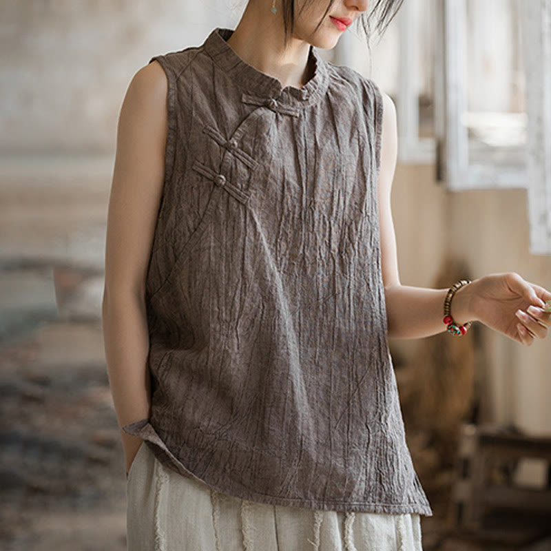 Buddha Stones Letnia kamizelka damska z bawełny ramii bez rękawów z nadrukiem tie-dye i guzikami żaby - image 14